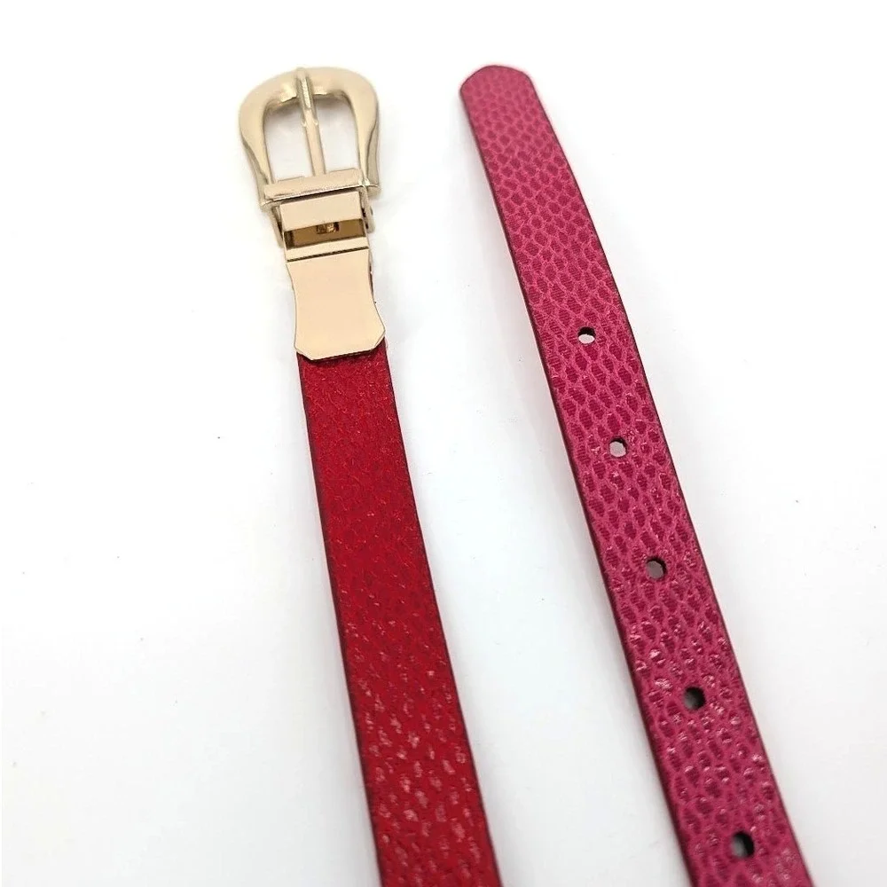 Reversible Skinny Belt Pink Red Snakeskin Embossed Gold Buckle S/M